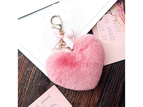 Komener Ladies Keyring Soft Plush Ball Keychain Bow Love Heart Colgante Ladies Bag Car Ornaments (Rosa)