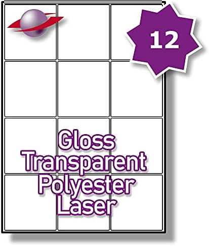 12 Per Page/Sheet 5 Sheets (60 TRANSPARENT Sticky Labels) Label Planet® CLEAR POLYESTER Self-Adhesive Blank A4 Gloss WATERPROOF Printable Pricing/Product/Address Stickers, For Laser Printers Only, 63.5 x 72 MM UK LP12/63 GTP, Multi-Use/Purpose