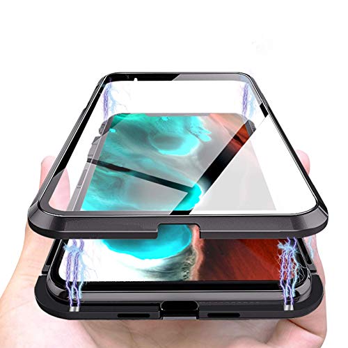 Haobuy Funda para iPhone 12, Adsorción Magnético Marco de Metal con Vidrio Transparente Templado de Doble Cara, Carcasa Protectora Transparente de Cuerpo Completo para iPhone 12-5.4[Negro]