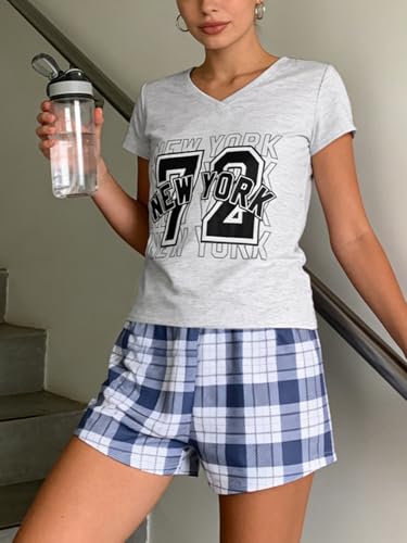 Image of VENTELAN Pajama Set For Women Cute PJS Summer Short Sleeve Shorts Sleepwear