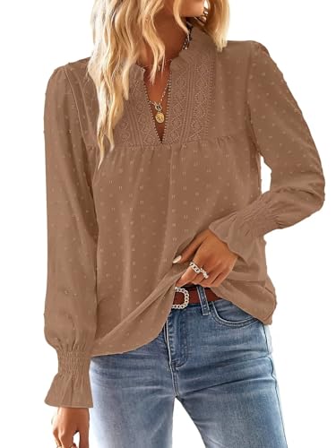 TUUHAW Tunika Damen Langarm Boho Bluse Herbst Top Oberteile Fließend Spitze Rüschen Süß Elegant V-Ausschnitt Frühling T Shirt Lässig Outfits Winter Kleidung Hellbraun XL