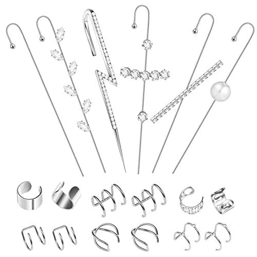 Ear Wrap Crawler Hook Earrings Earcuffs Earrings for Women Girls Climber Piercing Ear Cartilage Clip On Earrings (Color2-silver tone2)