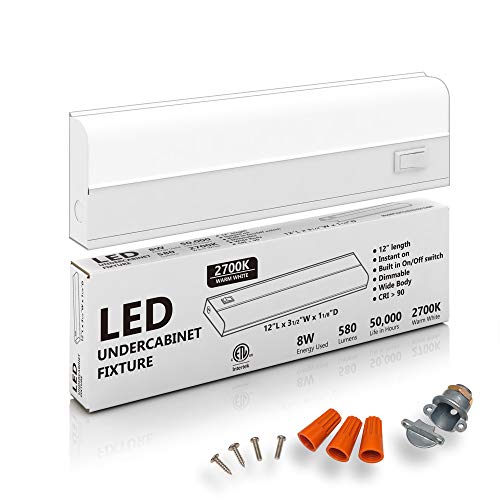 Image of Hardwired LED Under Cabinet Lighting - Dimmable, CRI>90, 2700K (Warm White), Wide Body, Long Lasting Metal Base with Frost Lens 8 Watt, 12 inch Inch