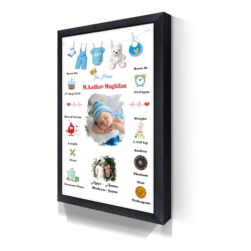 Image of MUSHA Celebrate Precious with Our Personalized Newborn Baby Birth Photo Frame - Birthday Picture Frame for Girls & Boys - Wooden Frame12*18, Boy