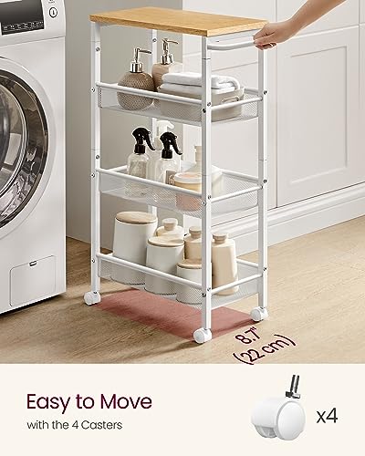 Image of VASAGLE Slim Rolling Cart, 4-Tier Storage Cart, Narrow Cart with Handle, 8.7 Inches Deep, Metal Frame, for Kitchen, Dining Room, Living Room, Home Office, Oak Beige and Classic White ULRC033W09