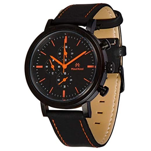 Maui Kool Steel and Wood Hybrid Chronograph Watch for Men Wailea Collection Leather Band Bamboo Box (W1 - Black and Orange)
