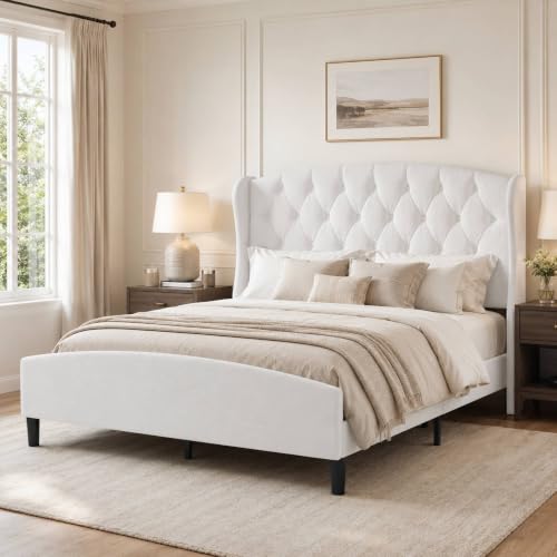 Image of Decoholic Full Size Upholstered Bed Frame with 53.2 inch Wingback Headboard