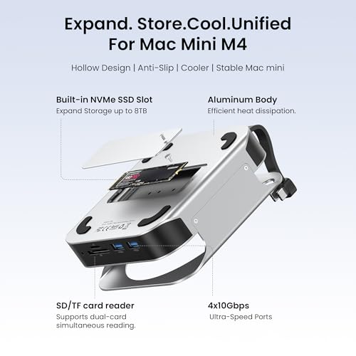 Image of VENTION for Mac mini M4 Dock, 10 in 1 Aluminum Stand for M4 /M4 Pro with M.2 NVMe SSD Enclosure, 4K@240HZ /144HZ USB A 3.2, 10Gbps Transfer, USB C Extender, SD /TF Reader, Silver