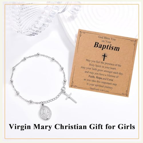 Image of Catholic Gifts for Girl Virgin Mary Christian Cross Bracelet First Communion Baptism Confirmation Gifts For Teen Girls Link Jewelry