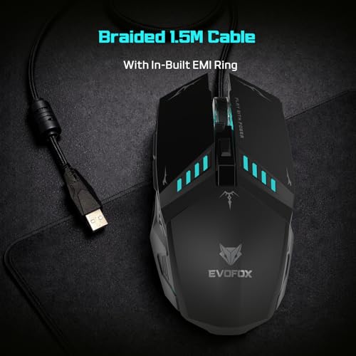 Image of EvoFox Shadow Plus Gaming Mouse Wired | Gaming Mouse with Instant A603FP Sensor, 7200 DPI Optical Tracking, HUANO Switches, 6 Buttons, Ergonomic Design, Braided 1.5m Cable USB - Black