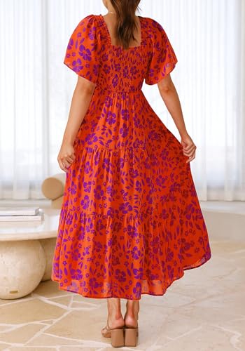 BTFBM Maxi Floral Dress for Women 2025 Summer Boho Short Sleeve Smocked Flowy Beach Vacation Fall Wedding Guest Dresses4