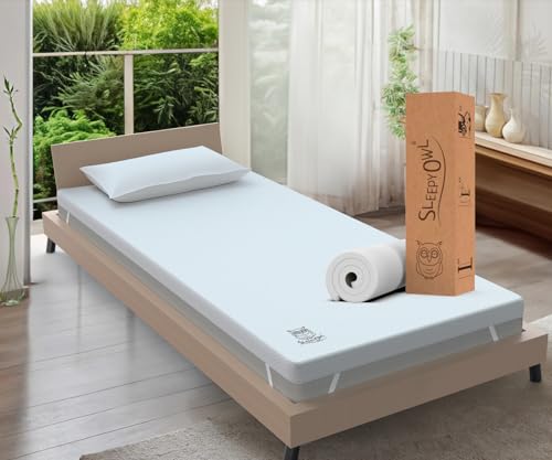 Sleepy Owl 4 Inch Memory Foam Mattress Topper SINGLE Bed 10cm Thick Gel Infused Orthopedic Mattress Pad for Back Pain Removable Washable Zipped Cover with Elastic Straps (Single 90x190 10 cm)