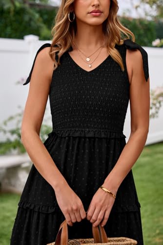 Okiwam Womens Summer Dresses 2025 Sleeveless Tie Strap Maxi Long Flowy Beach Sundresses Boho Swiss Dot Fall Wedding Dresses