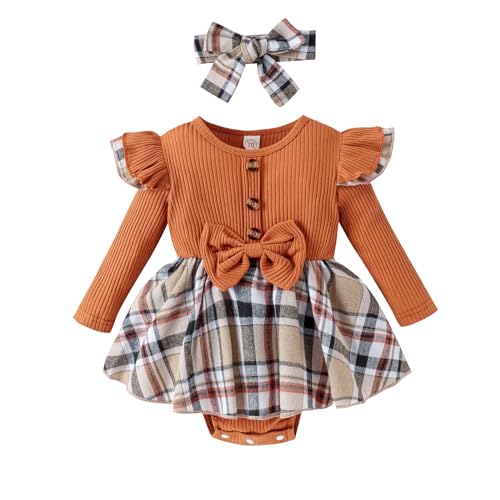 Hnyenmcko Newborn Baby Girl Fall Winter Outfits Infant Plaid Romper Dress Ruffle Long Sleeve Jumpsuit Headband Clothes Set