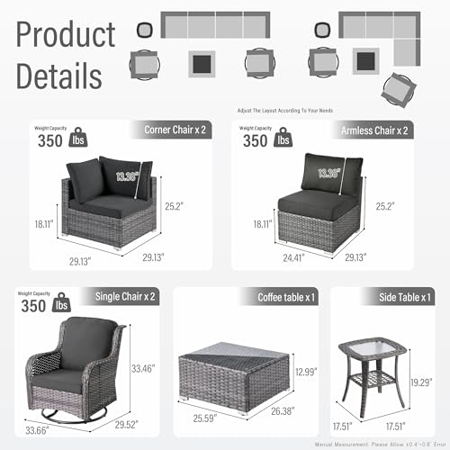 HOOOWOOO Patio Outdoor Sectional Furniture Sofa Set with Swivel Chairs,8 Piece L Shaped Corner Wicker Rattan Couch Set with Glass Table,Modern 6 Persons Summer Patio Conversation Set(Black)