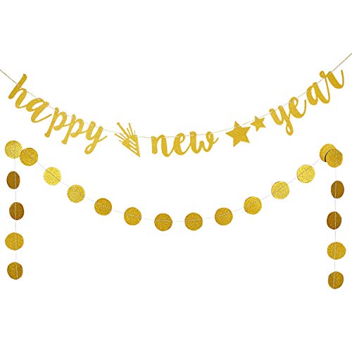 Gold Glitter Happy New Year Banner and Circle Dots Garland,New Years Eve Party Supplies 2022,Happy New Year Decorations 2022,NYE Decorations 2022,New Years Fireplace Mantle Decorations,Cheers to 2022 New Years Party Decorations Supplies