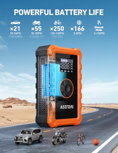 AstroAI S8 Air Jump Starter with Air Compressor, 3000A Peak Car Battery Jump Starter Portable (9.0 Gas/6.5L Diesel) with 150PSI Cordless Auto-Shutoff Tire Inflator, 12V Battery Charger Booster(Orange) - Image 5
