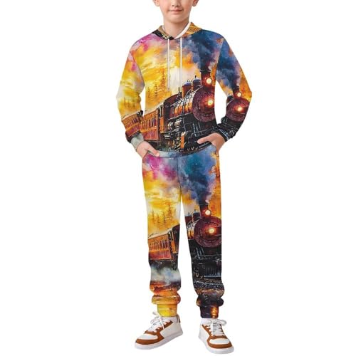 Boy Girl Clothes Outfits Kids Long Sleeve with Pants 2PCS Clothing Set, Train Watercolor Silhouette