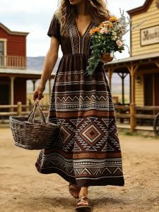 Dresses for Women Summer V-Neck Short Sleeve Maxi Dress, Retro Elegant Cinched Waist Loose Flowy A-Line Dress