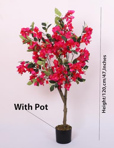 Image of ARICK DECOR 4Ft Artificial Bougainvillea Flower Tree in Pot, Realistic Faux Pink Silk Flower Plant, Peacock Shaped Extra Large Floor Decor (4ft-Dk Pink)