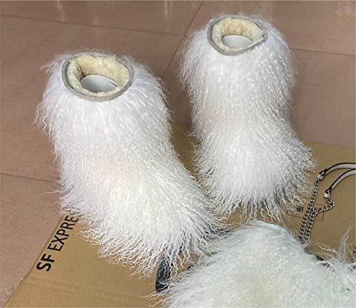 MSD-1 Woman's Tibetan Fur Boot With Real Mongolian Hairy Furry Sheepskin Shearling Lamb Skin Snow Boots Long Curly Hair Shoes For Young Lady Girls Outside Ski Fluffy Footwear Christmas Gifts Mid-Half Short Booties All Over Fur (9, White)2