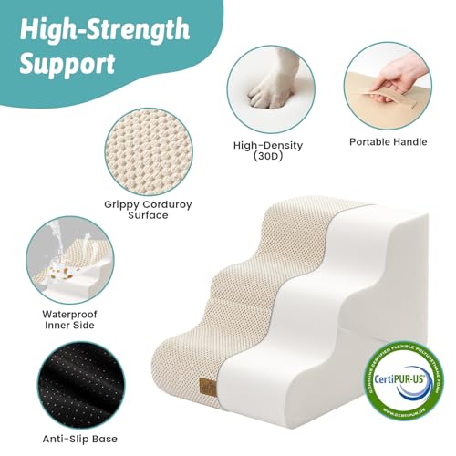Image of COZY KISS Dog Stairs for Small Dogs, 3-Step 2-in-1 Dog Steps,15.7 inch H | 3-step dog stairs and ramps for Old Cats, Puppy, Small Dogs,Non-Slip Base,for Couch & Bed, Beige