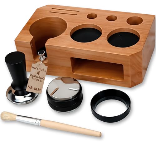 58 mm Espresso Tamping Station With Tools - Includes Coffee Tamper, Distributor, Dosing Funnel & Brush - Wooden Coffee Tamper Station - Espresso Organizer & Portafilter Holder