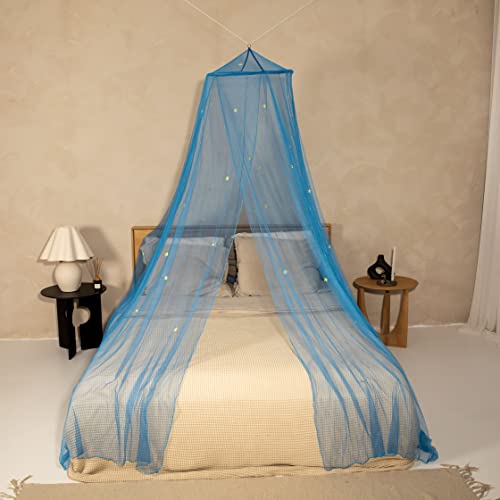 Blaues Betthimmel mit vorgeklebten leuchtenden Einhörner - Prinzessinen Moskitonetz für Mädchen Zimmerdekoration Blau - Himmelbett Vorhänge für Kinder und Baby Bett