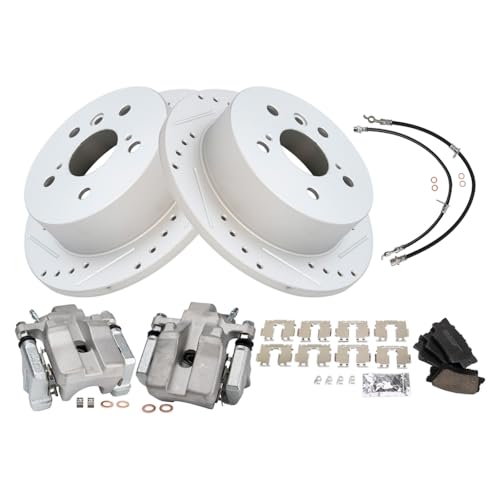 Image of TRQ Performance Rear Brake Pad and Rotor Set Ceramic Slotted Drilled Coated Calipers Compatible with 2007-2012 Lexus ES350 2008-2012 Toyota Avalon 2007-2011 Camry