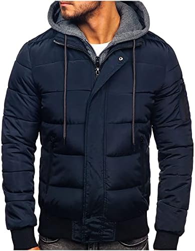 AVVS Hooded Puffer Jacket for Men Cotton-Padded Lightweight Winter Down Coat Lightweight Solid Color Zipper Outwear Parka Fake Two Navy