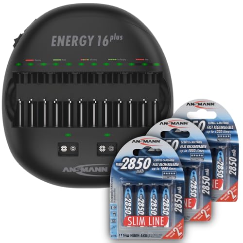 ANSMANN Energy 16 Plus Smart Battery Charger Universal Maintenance Station for AAA, AA, C, D, 9V Rechargeable Batteries and USB-Devices (iPhone, Android, Smartphone) +AA 2850 Slimline Rechargeable
