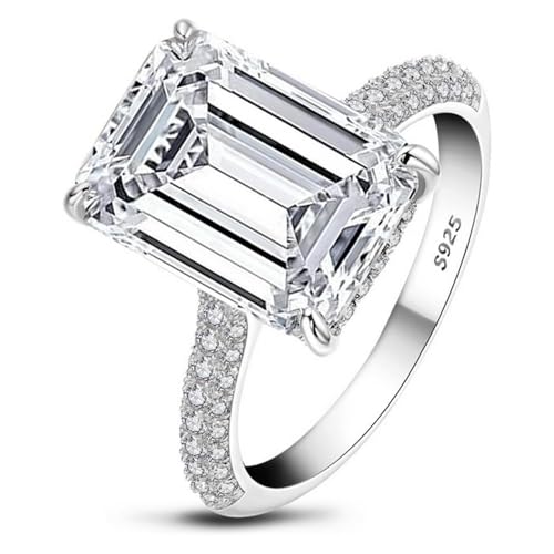 10 Carat Lab Created Diamond Ring, Emerald Cut D Color Solitaire Wedding Engagement Ring, 18K White Gold Plated Sterling Silver Simulated Large Diamond Promise Ring