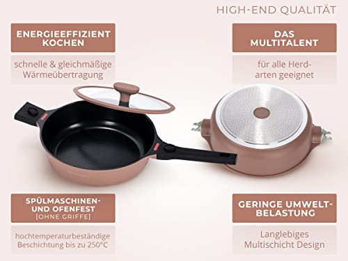 TRAUMLEBEN® Bratpfanne 28 cm mit Deckel, abnehmbaren Griffen & Hitzeindikatoren | PFOA-frei & für Induktion geeignet | Beschichtete Pfanne mit hohem Rand zum Braten, Schmoren, Garen & Genießen – Bild 6