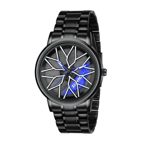 Matrix MotionX | Spinning Gyro Car Wheel Dial with Black Coated Stainless Steel Chain & Butterfly Double Snap Lock for Men & Boys (Blue)