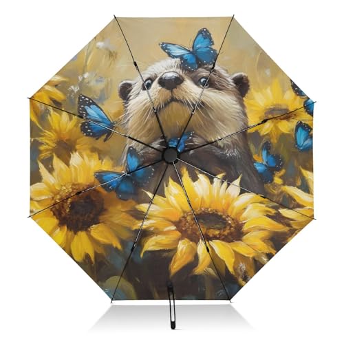 Parapluie compact loutre et tournesol, le cadeau original et utile avec protection UV totale