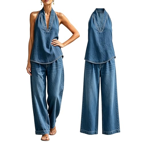 KALIHANA Cozy Minimalist Two-Piece Denim Set - Halter Neck Top