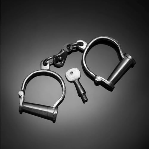 Image of Vintageware Heavy-Duty Carbon Steel Handcuffs with Removable Key, Chrome Finish, Non-Adjustable Metal Cuffs for Theatre, Stage Performances, Film Props, Costume Accessories & Historical Display