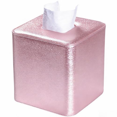 GORESE Pink Tissue Box Cover Square PU Leather Cute Tissue Box Holder for Kleenexs Decorative Cube Tissue Cover for Vanity Bathroom and Office Elegant Shimmer Cube Tissue Holder (Pink)