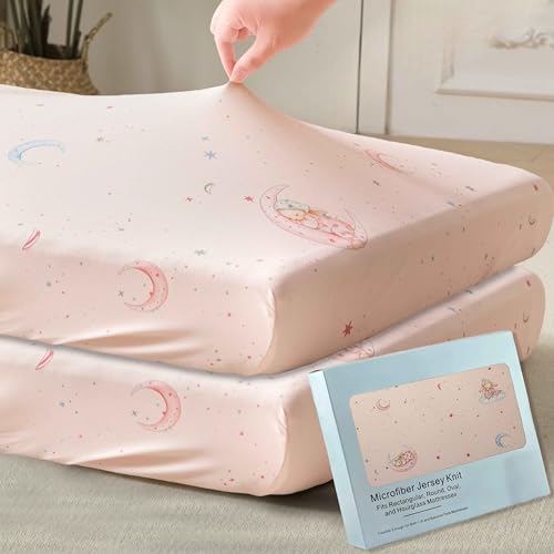 Image of SDY Jersey Crib Sheets for Baby Girls,52 inchx28 inchx8,2 Pack,Pink Bunny Easter Day Style Standard Oval /Retangle Crib Mattress Sheets for Toddler,Super Soft Breathable