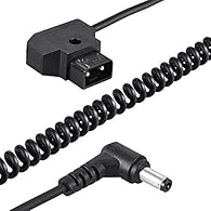 D-TAP male 2 pin rewirable plug. DC 5.5 * 2.1mm plug rigth angled. Cord OD is 4.5mm PU spring coiled with 0.5mm² copper wire. The cable can be extended to 2m long. Accessory replacement for V-mount battery DSLR camera cage rig.