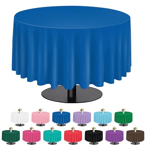 Image of tujol Royal Blue 6 Pack Plastic Table Cloth 84 inch, Disposable Round Tablecloth Table Cover, Plastic Tablecloths for Parties
