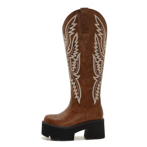Image of Uillnoodu Women's Red Platform Cowgirl Boots with Zipper - Western Knee-High Chunky Sole Cowboy Boots