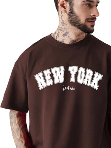 Image of LEOTUDE Casual Half Sleeve Cottonblend Printed Round Neck Drop Shoulder Oversized Tshirt for Man (Color Brown)