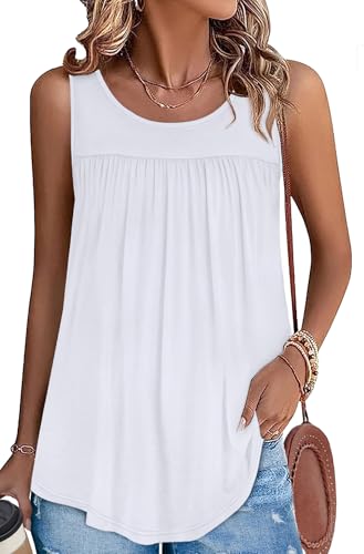 WEESO White Tank Top Woman Loose Fit Summer Outfits Sleeveless White T Shirts Casual Crewneck Tank Top Plain Tshirts Shirts Flowy Travel Resort Wear Beach Vacation Clothes L