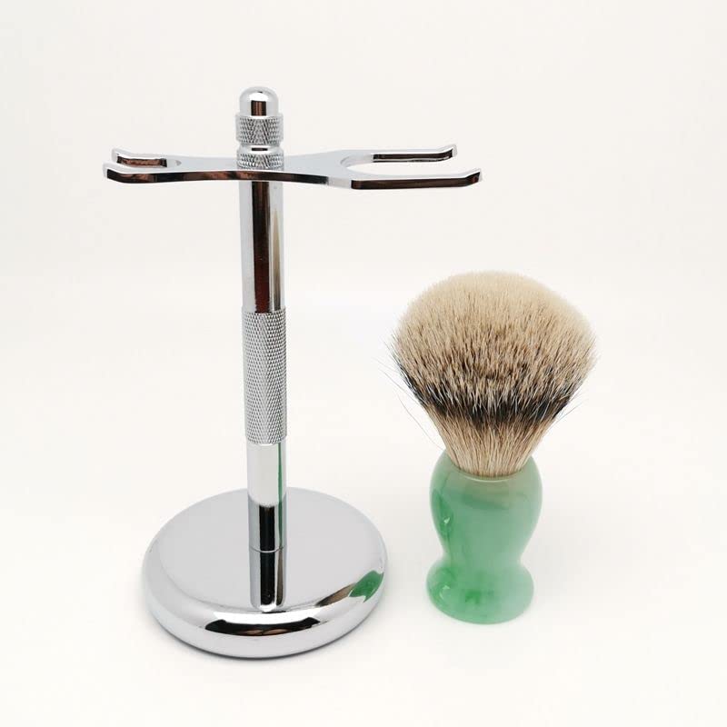 Soporte de maquinilla de afeitar práctico de acero inoxidable para hombre, soporte para cepillo de afeitar de pelo de tejón plateado masculino, juego de afeitado perfecto de moda