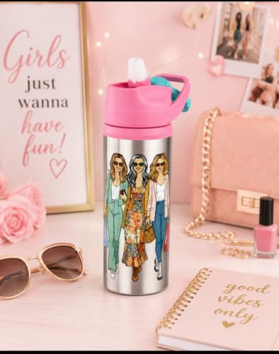 Image of Stainless Steel 600ML Sipper Water Bottle for Kids & Adults | Leakproof BPA-Free Bottle with Flip Lid & Carry Handle | Trendy fashion Print Design (Pack of 1, Pink)