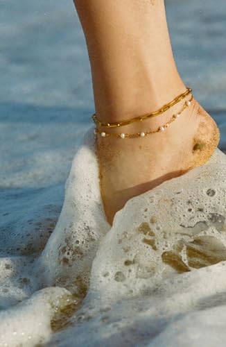 OAOMRIA Gold Pearl Adjustable Anklets for Women - Waterproof Non-Tarnish Summer Beach Foot Jewelry - Image 3