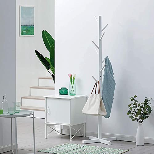 Image of Ginoya Brothers Wooden Coat Rack, Freestanding Hall Tree with Hooks Easy to Assemble Suitable for Children and Adult, Hat Clothes Rack Stand for Bedroom Office Entrance. (92-1 White)