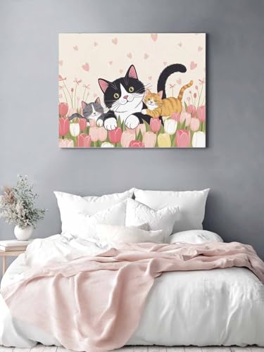 Vandaluuki アートパネル 和風 可愛い猫 鬱金香 ベージュバック アートボード ポスター 80x60cm 壁掛け 壁画 壁飾り 部屋飾り 飾り絵 絵画 インテリア ソファの背景画 完成品 モダン 現代 玄関 部屋 リビングルーム ギフト