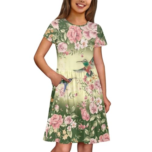 Girls Summer Dress Beach Dress Short Sleeve Dresses Birthday Sundress Swing Outfit 2-14 Years3